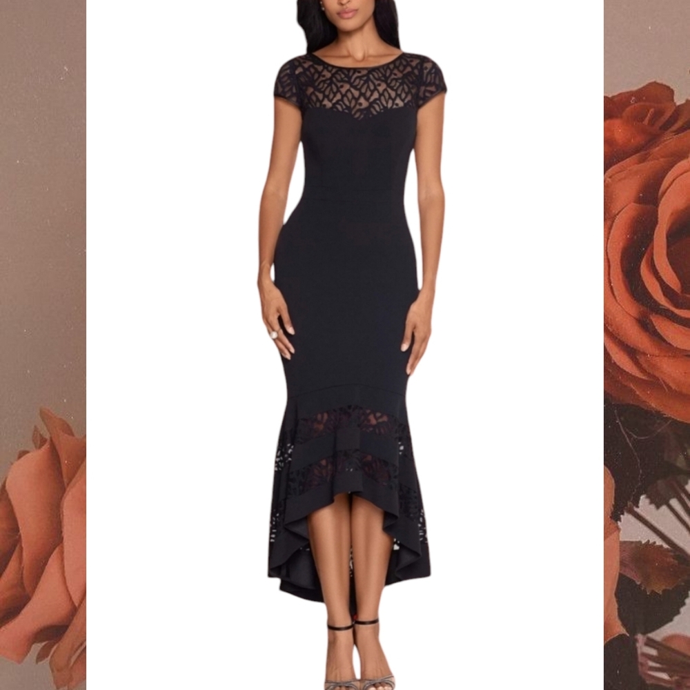 XSCAPE Black Lace High-Low Formal Dress • Black Tie • Wedding • Prom • Birthday